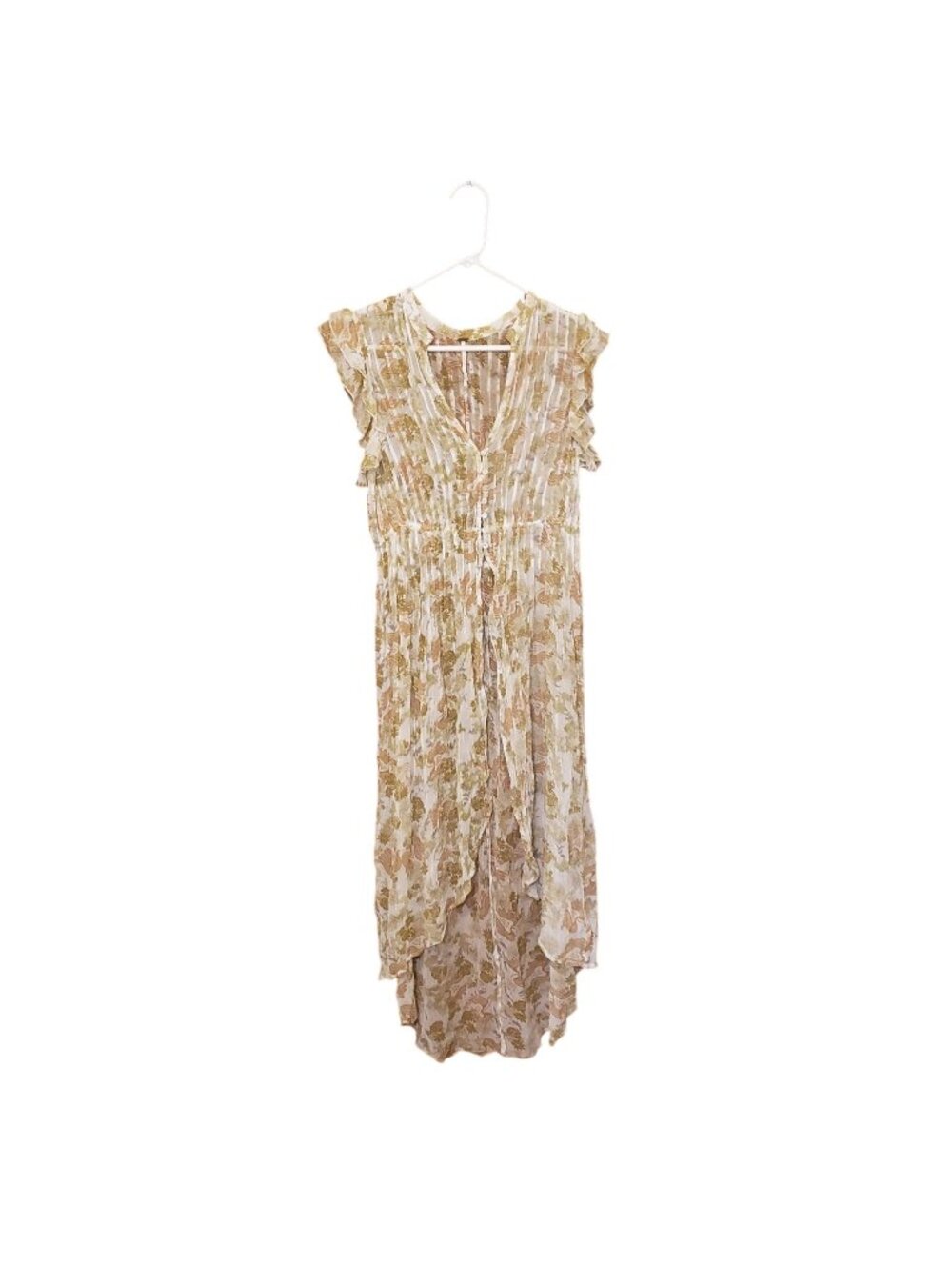 Free People Sheer Floral Ruffle Sleeve Maxi Top With Button Front Boho Style Siz